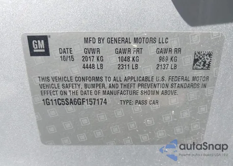 2016 Chevrolet Malibu Limited Lt z USA, uszkodzony, nr VIN 1G11C5SA6GF157174